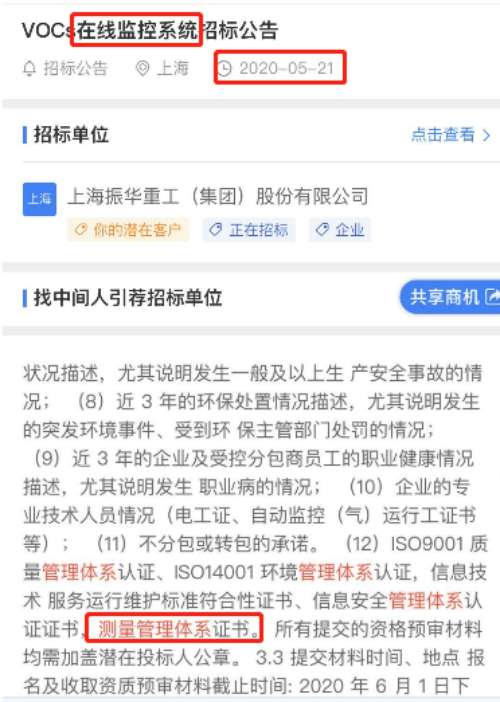 在线监控系统在招投标中将测量管理体系列为资质要求项